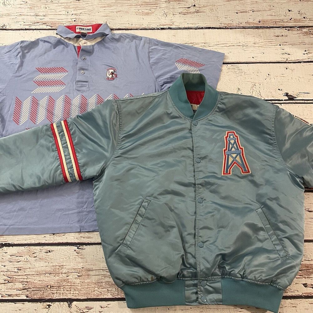 Houston Oilers 1980s Starter Satin Bomber Jacket  NFL Football Love Ya Blue‎ XL